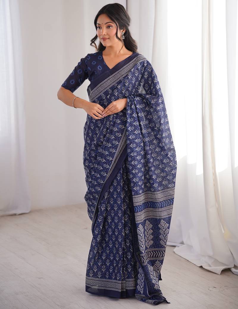 Navy blue blocked printed, floral print soft pure cotton saree with blouse.