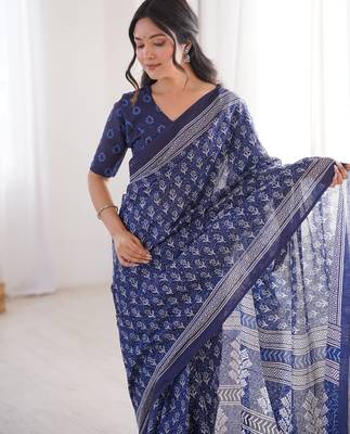 Navy blue blocked printed, floral print soft pure cotton saree with blouse. 2