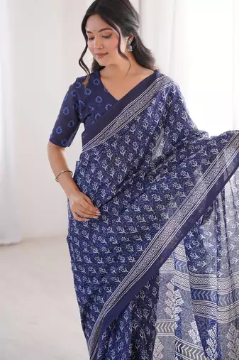Navy blue blocked printed, floral print soft pure cotton saree with blouse.