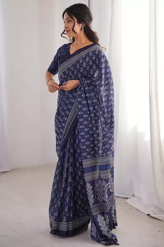 Navy blue blocked printed, floral print soft pure cotton saree with blouse.