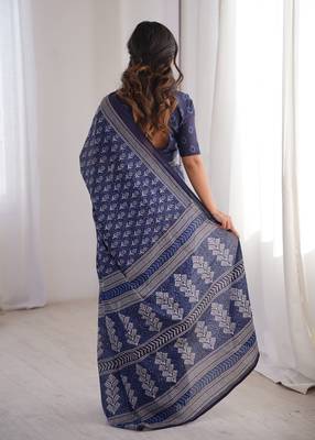 Navy blue blocked printed, floral print soft pure cotton saree with blouse. 4