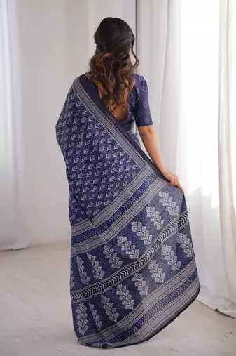 Navy blue blocked printed, floral print soft pure cotton saree with blouse.
