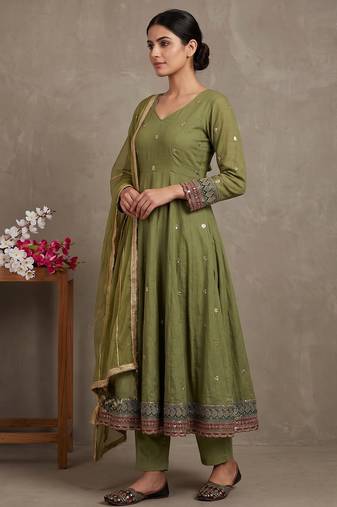 Parrot-green vichitra silk with embroidery salwar suit