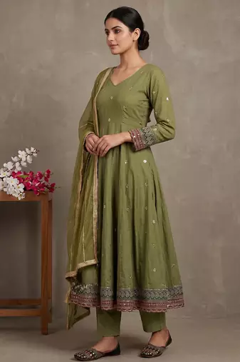 Parrot-green vichitra silk with embroidery salwar suit