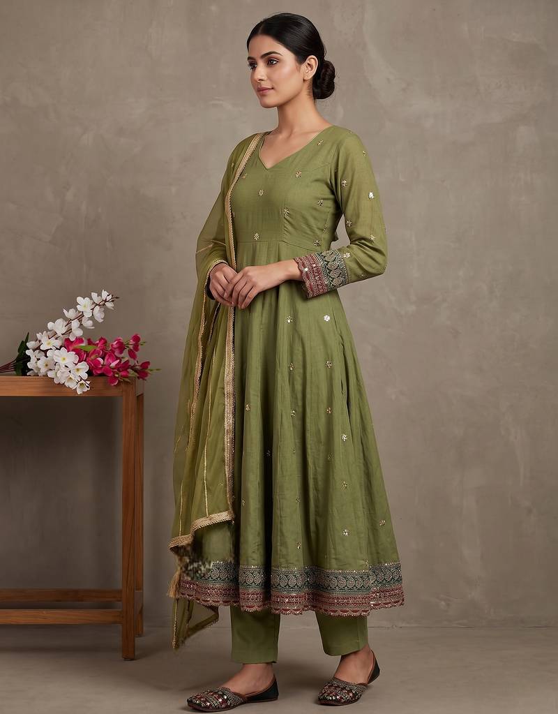 Parrot-green vichitra silk with embroidery salwar suit