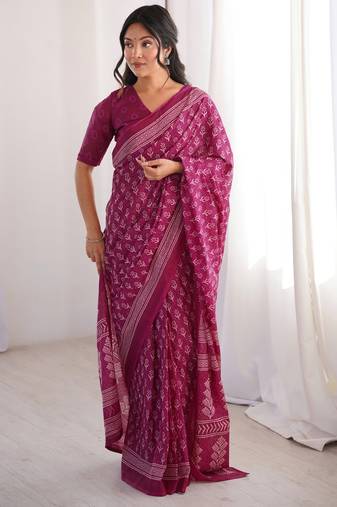 Pink blocked printed, floral print soft pure cotton saree with blouse.