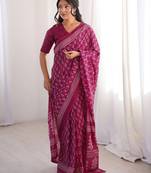 Pink blocked printed, floral print soft pure cotton saree with blouse.
