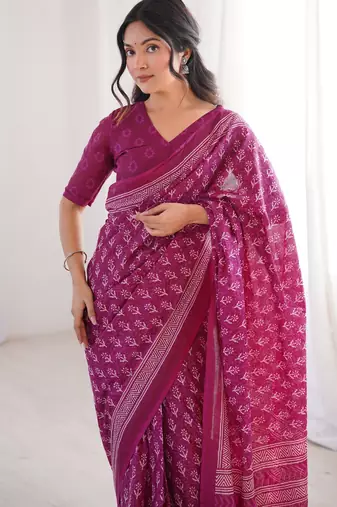 Pink blocked printed, floral print soft pure cotton saree with blouse.