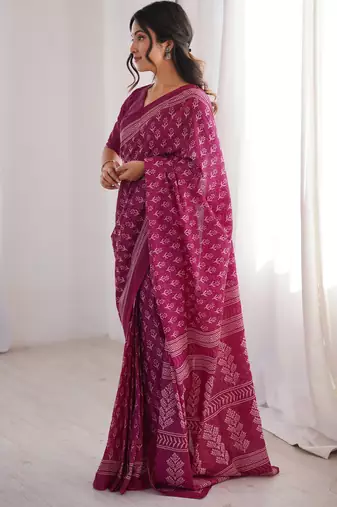 Pink blocked printed, floral print soft pure cotton saree with blouse.