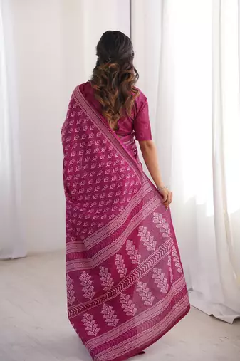 Pink blocked printed, floral print soft pure cotton saree with blouse.