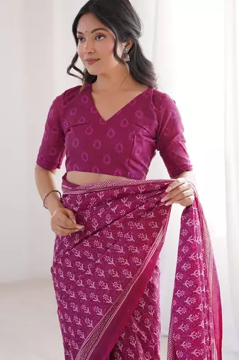 Pink blocked printed, floral print soft pure cotton saree with blouse.