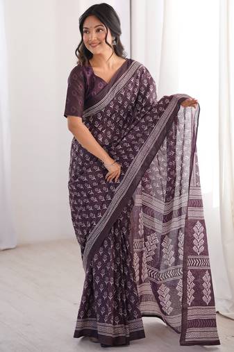 Wine blocked printed, floral print soft pure cotton saree with blouse.