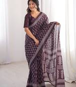 Wine blocked printed, floral print soft pure cotton saree with blouse.