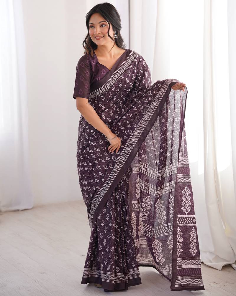 Wine blocked printed, floral print soft pure cotton saree with blouse.