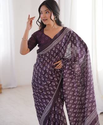 Wine blocked printed, floral print soft pure cotton saree with blouse. 2