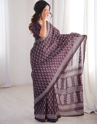 Wine blocked printed, floral print soft pure cotton saree with blouse. 3