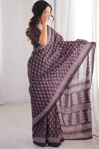 Wine blocked printed, floral print soft pure cotton saree with blouse.