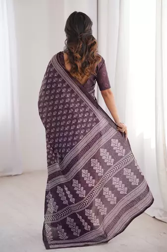 Wine blocked printed, floral print soft pure cotton saree with blouse.