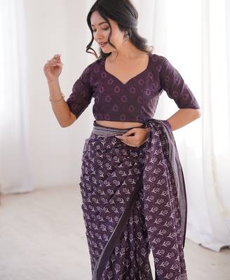 Wine blocked printed, floral print soft pure cotton saree with blouse. 5