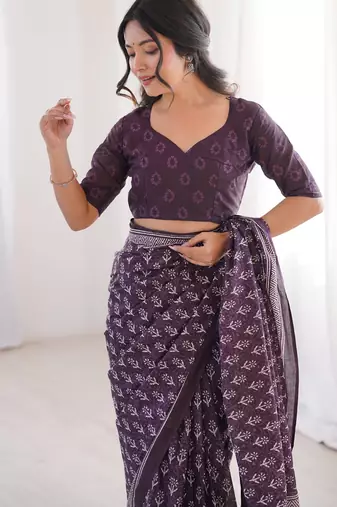 Wine blocked printed, floral print soft pure cotton saree with blouse.