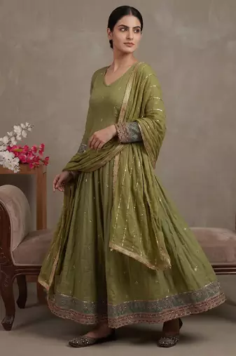 Parrot-green vichitra silk with embroidery salwar suit