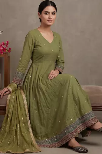 Parrot-green vichitra silk with embroidery salwar suit