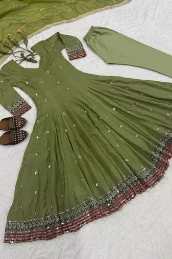 Parrot-green vichitra silk with embroidery salwar suit
