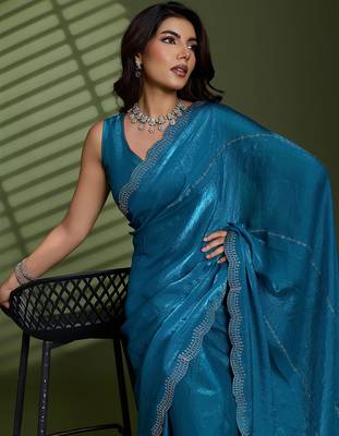 Blue silk blend satin embellished saree with unstitched blouse piece 1