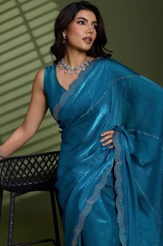 Blue silk satin embellished saree with unstitched blouse piece