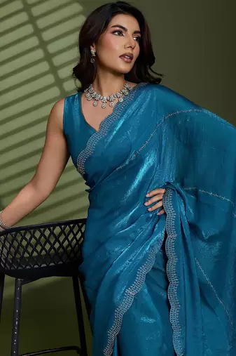 Blue silk satin embellished saree with unstitched blouse piece