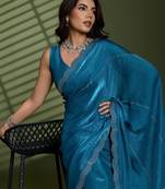 Blue silk blend satin embellished saree with unstitched blouse piece