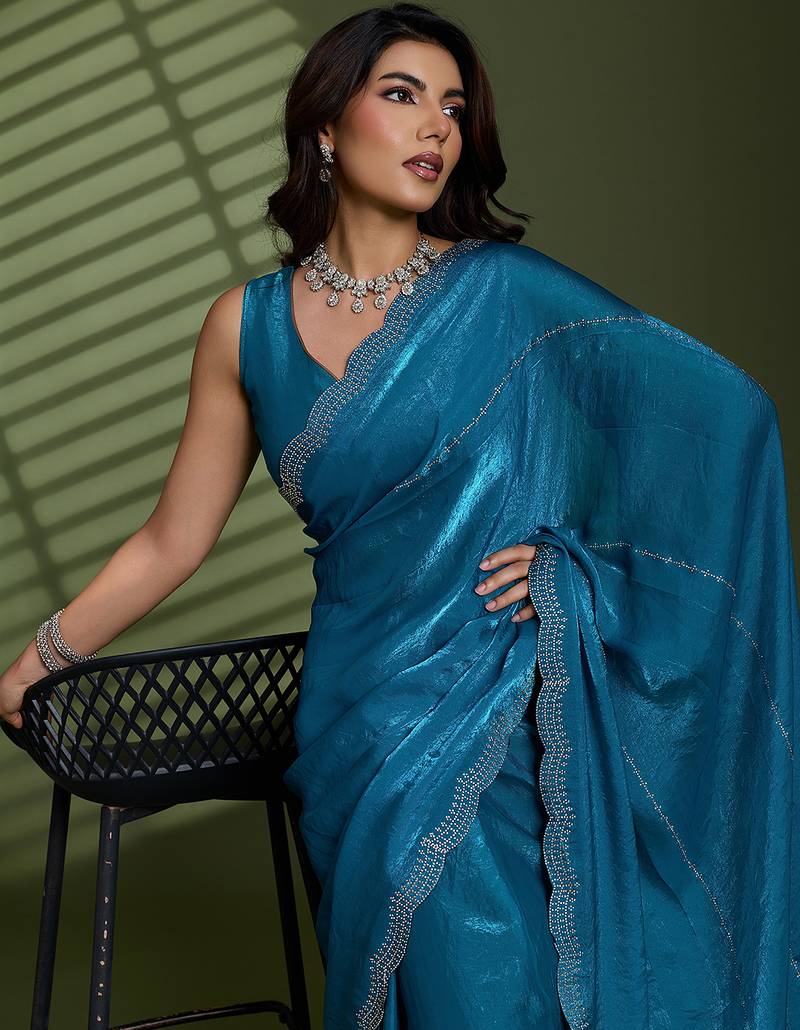 Blue silk satin embellished saree with unstitched blouse piece
