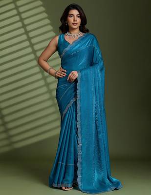 Blue silk blend satin embellished saree with unstitched blouse piece 2