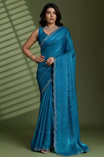 Blue silk blend satin embellished saree with unstitched blouse piece