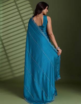 Blue silk blend satin embellished saree with unstitched blouse piece 3