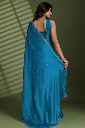 Blue silk blend satin embellished saree with unstitched blouse piece
