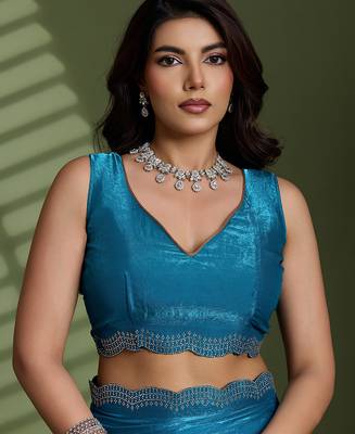 Blue silk blend satin embellished saree with unstitched blouse piece 4