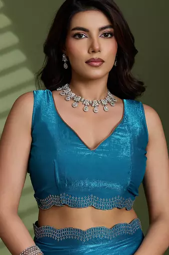 Blue silk blend satin embellished saree with unstitched blouse piece