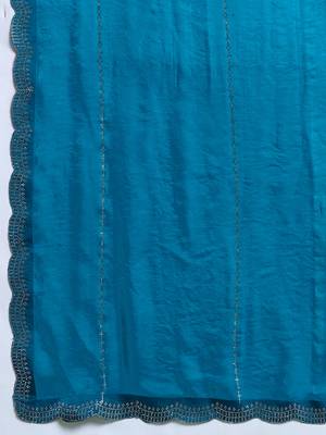 Blue silk blend satin embellished saree with unstitched blouse piece 5