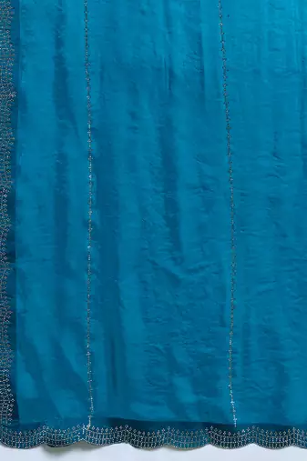 Blue silk blend satin embellished saree with unstitched blouse piece