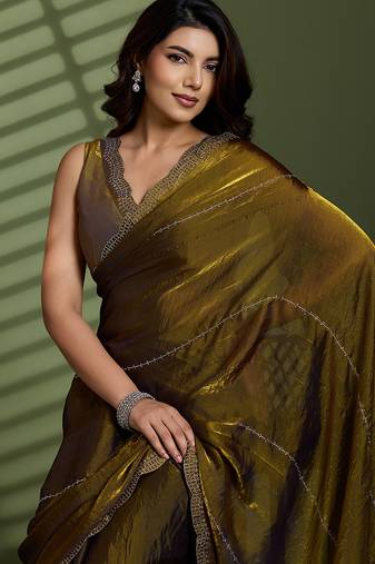 Gold silk satin embellished saree with unstitched blouse piece