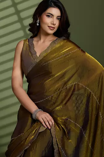 Gold silk satin embellished saree with unstitched blouse piece