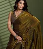 Gold silk blend satin embellished saree with unstitched blouse piece