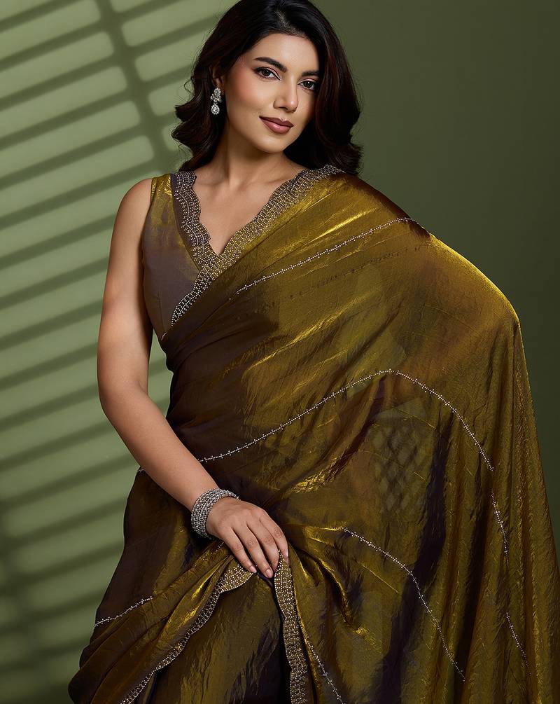 Gold silk satin embellished saree with unstitched blouse piece