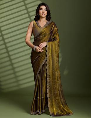 Gold silk blend satin embellished saree with unstitched blouse piece 2