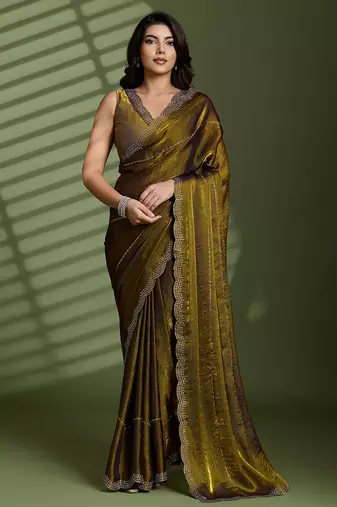 Gold silk blend satin embellished saree with unstitched blouse piece