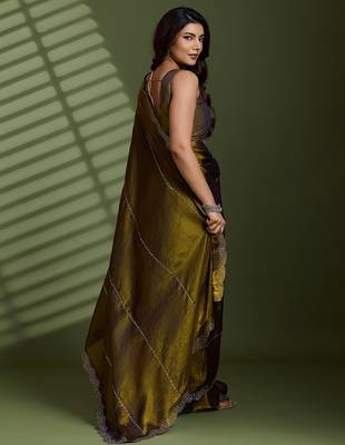 Gold silk blend satin embellished saree with unstitched blouse piece 3