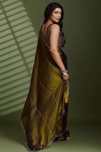 Gold silk blend satin embellished saree with unstitched blouse piece