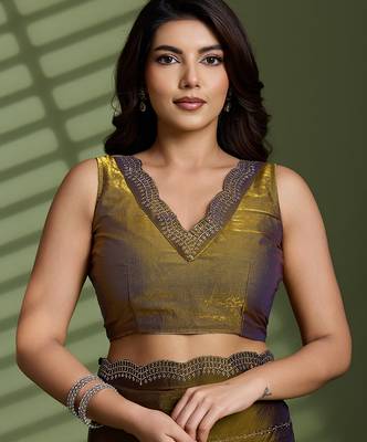 Gold silk blend satin embellished saree with unstitched blouse piece 4