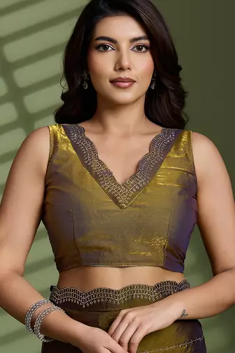 Gold silk blend satin embellished saree with unstitched blouse piece